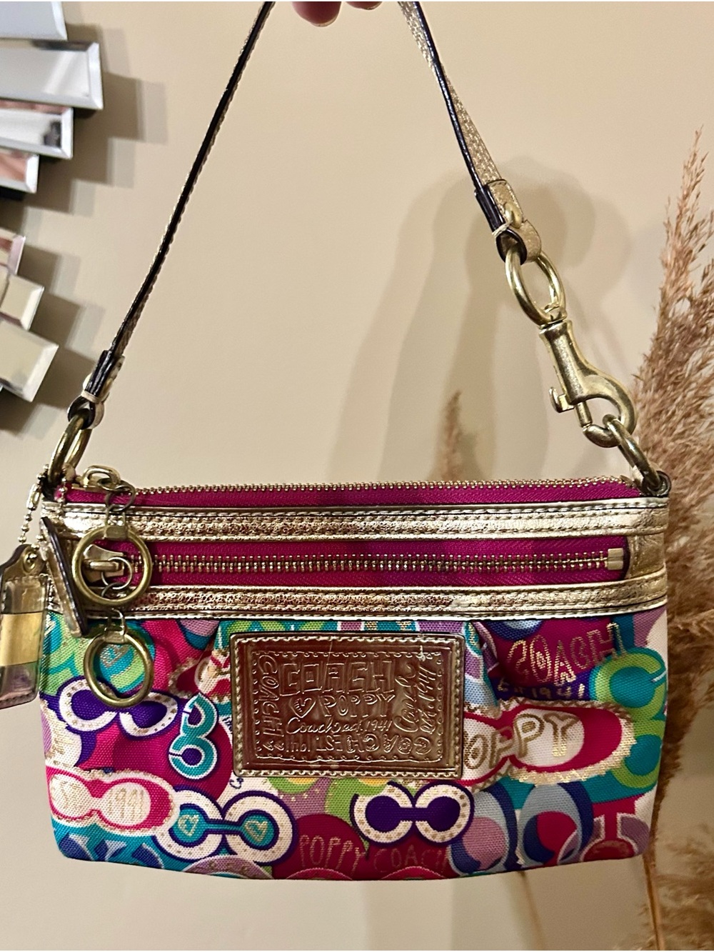 Coach Vintage Poppy Multicoloured Wristlet with Gold Trim